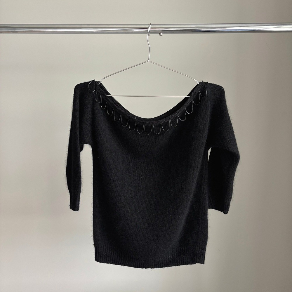 80s Vintage Beaded Silk Angora Wool Sweater S Boat Neck Romantic Glam Funky Chic